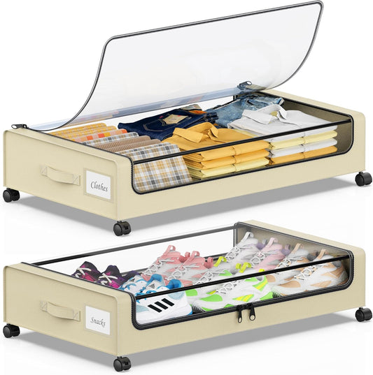 Beborxue Under Bed Storage with Wheels, 2-Pack Under the Bed Storage Containers with Lids, XXL 60L Under Bed Shoes Storage Organizer Bins, Rolling Underbed Storage for Clothes, Shoes, Blankets (Beige)