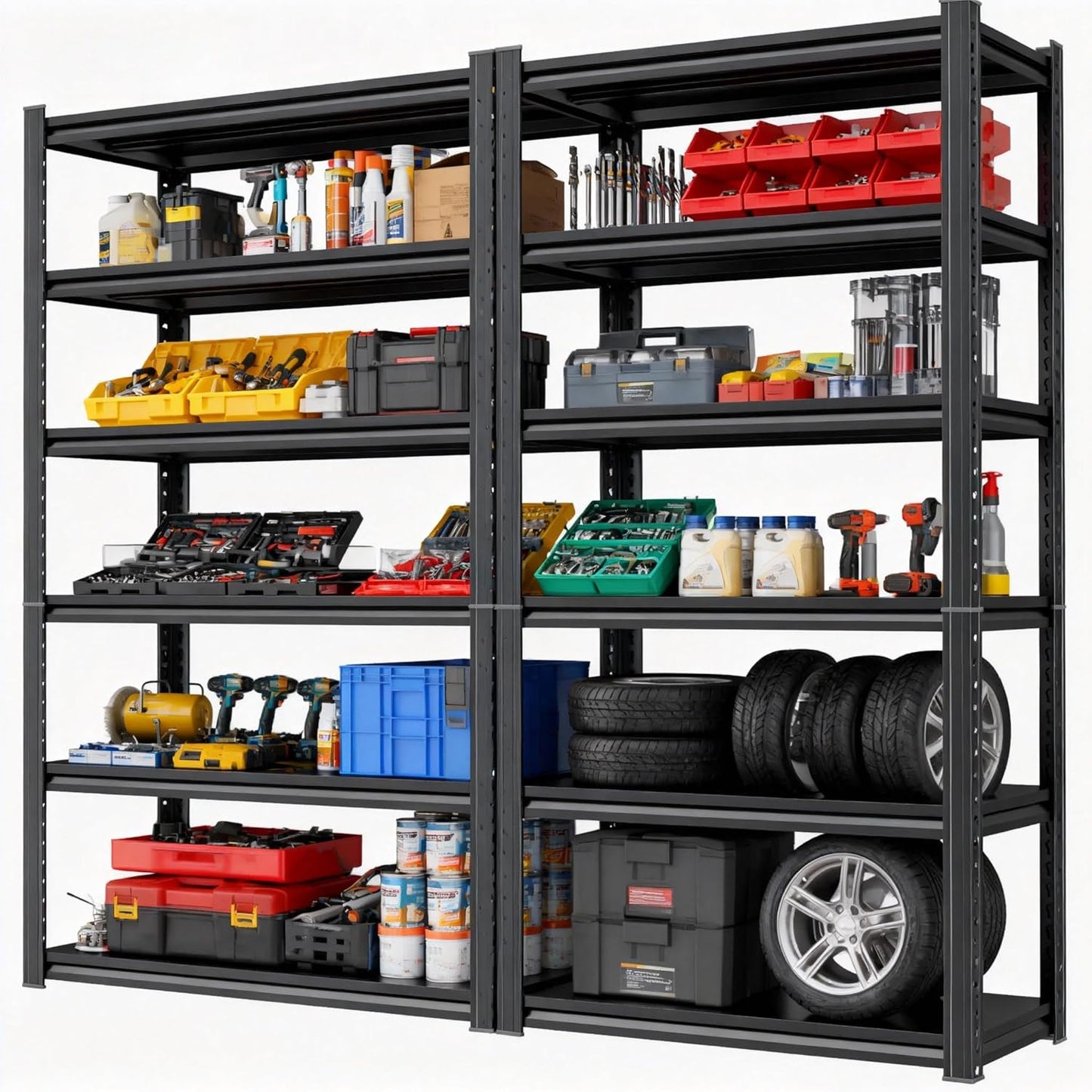 Storage Shelves, Garage Metal Shelving Unit, Adjustable, Double-Layer Column with Reinforced Ribs, Heavy-Duty, Capable of Bearing 3000 lbs, Suitable for Garage, Warehouse, Kitchen Storage