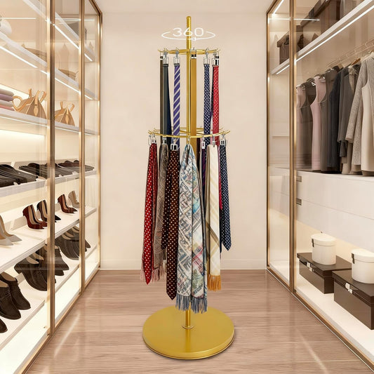 Gold Belt Display Scarf &Ties Rack Stand, 360° Rotation Floor Mounted Belt Hanger, Metal Men Closet Belt Organizer Holder Jewelry Necklaces Purse Hanger Shelf for Clothing Store Retail & Home