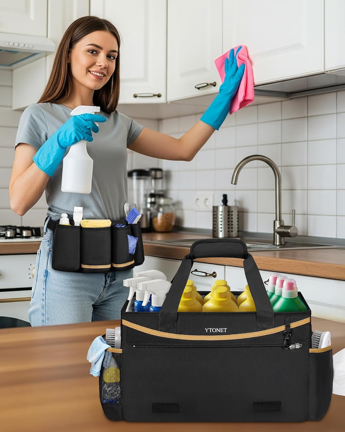 Ytonet Cleaning Caddy Bag with Detachable Apron, Extra Large Cleaning Supplies Organizer with Foldable Dividers, Portable Cleaner Tote with Handle, Cleaner Caddy for Housekeeper, Black