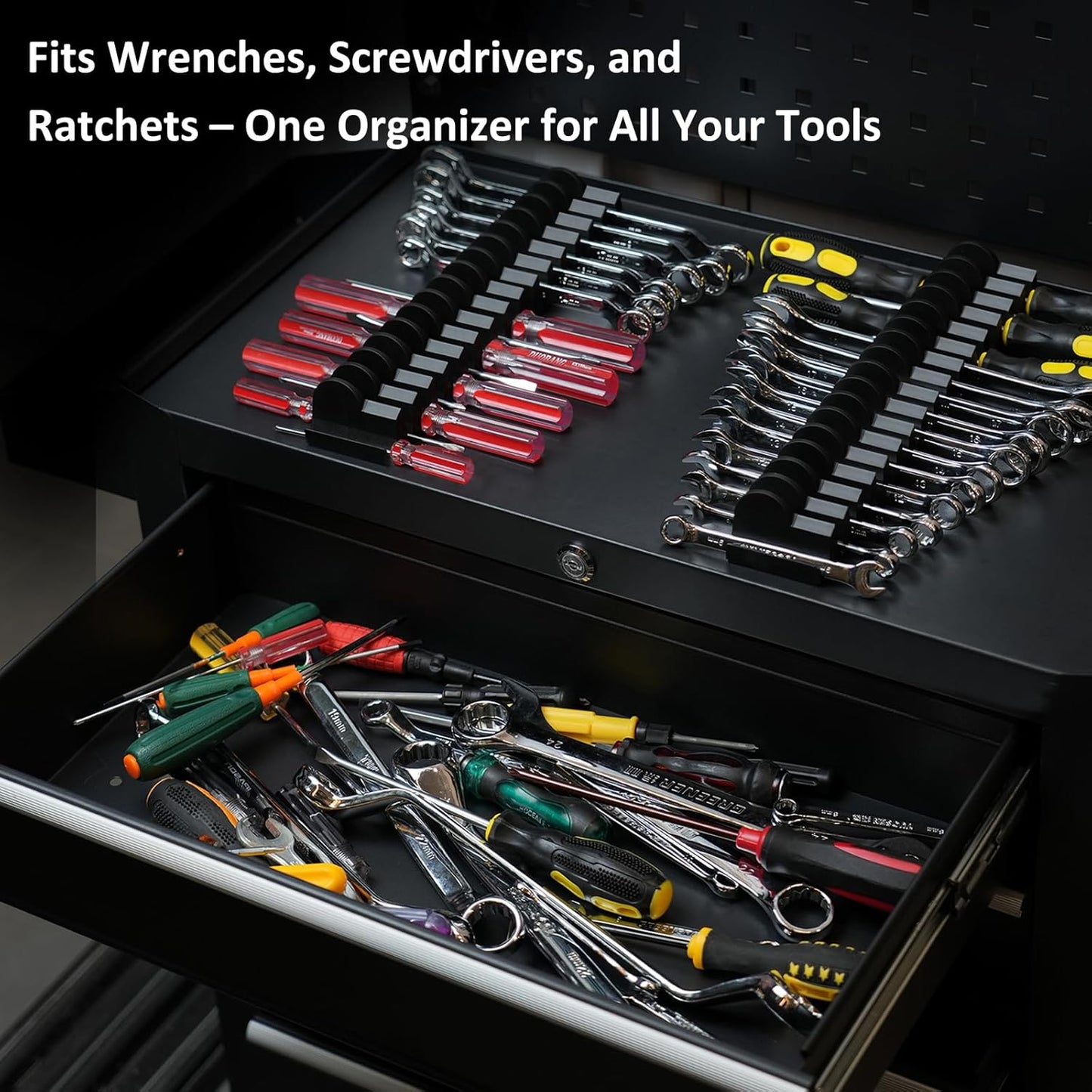 24pcs Magnetic Modular Wrench Organizers for Tool Drawers - Wrench Rack with Metric&SAE Labels,Tool Storage Holder with Magnet.Gift for father, brother&boyfriend (Black with magnets)