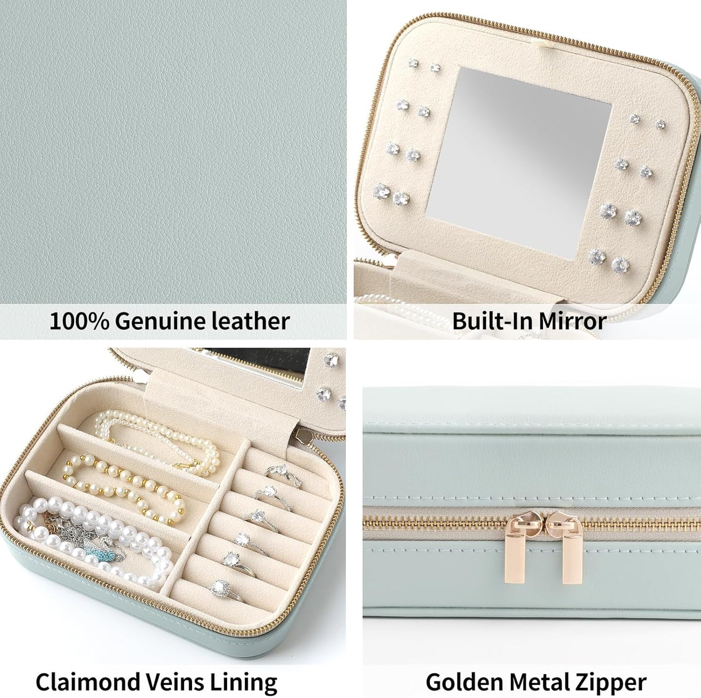 Genuine Leather Travel Jewelry Organizer Case with Mirror for Women, Small Mini Portable Jewelry Box for Ring Earrings Necklace Bracelet Luxury Gift for Women（Pink）