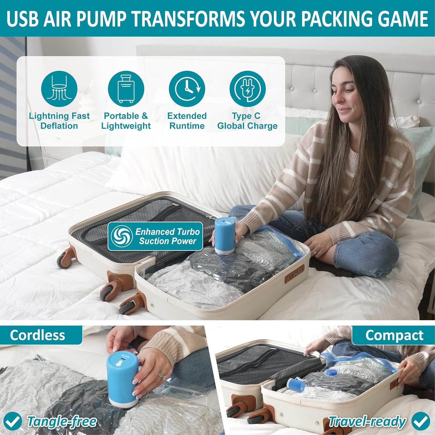 26 Pack Vacuum Storage Bags with Portable Rechargeable Wireless Electric Pump, Vacuum Seal Space Saver Bags for Clothing, Pillows, Blanket, Bedding, Comforters