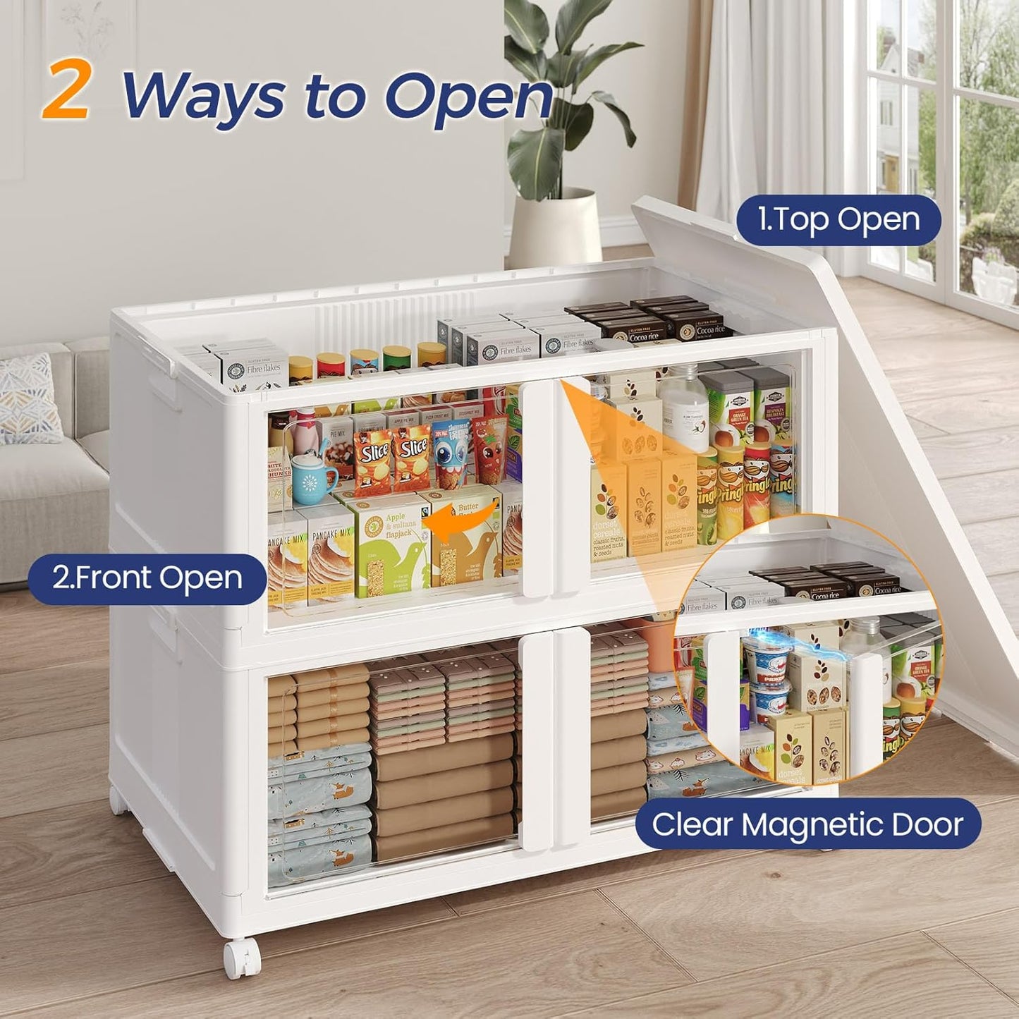 600Qt Stackable Storage Bins with Lid and Wheels, 150Gal Plastic Closet Organizer and Storage Drawer, Large Collapsible Storage Box Cabinet with Clear Door for Home Kitchen Office, 5Pack White
