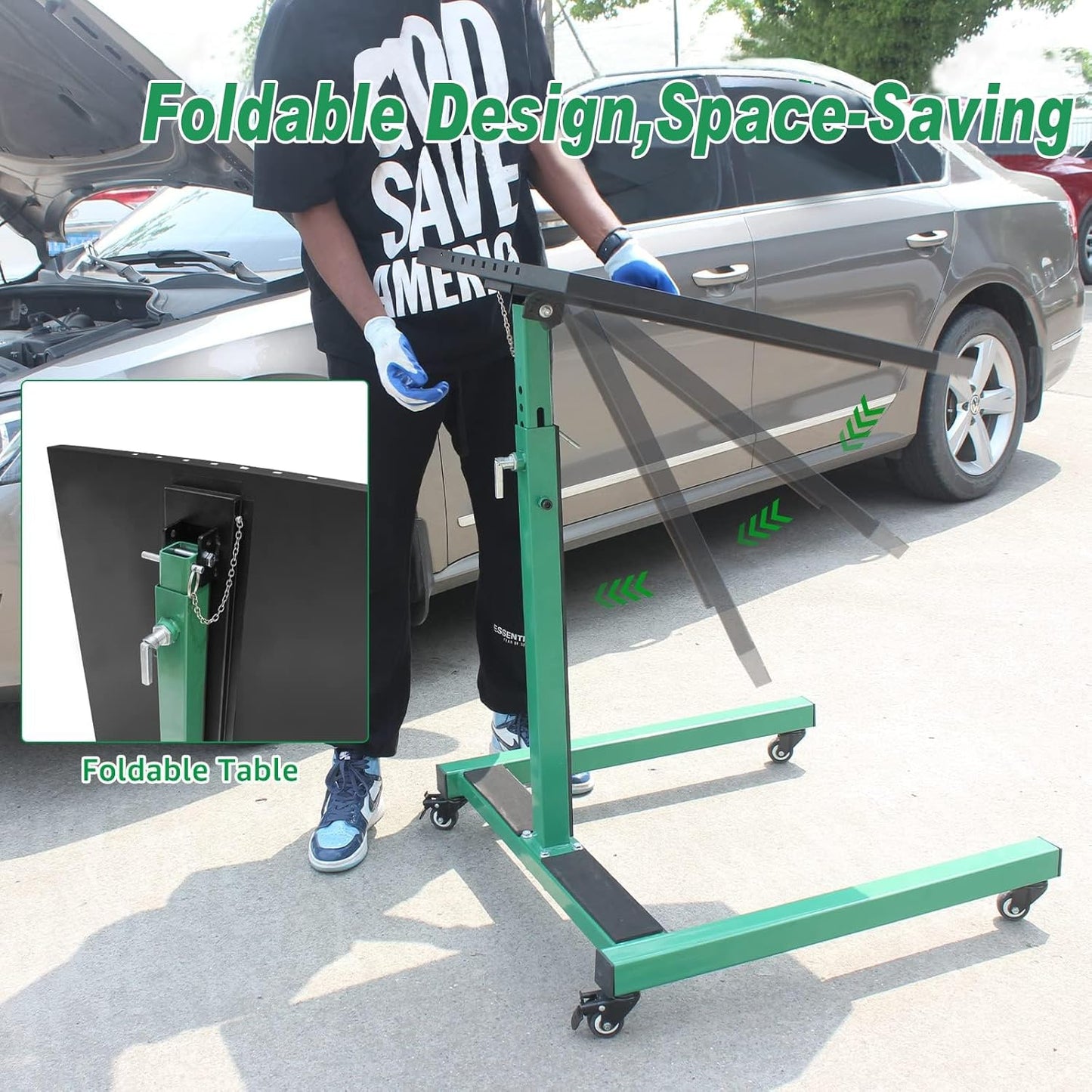 Adjustable Height Mobile Work Table, Foldable Table with Heavy Duty Steel, Rolling Tool Cart with Brakes for Garage Repair Shops DIY