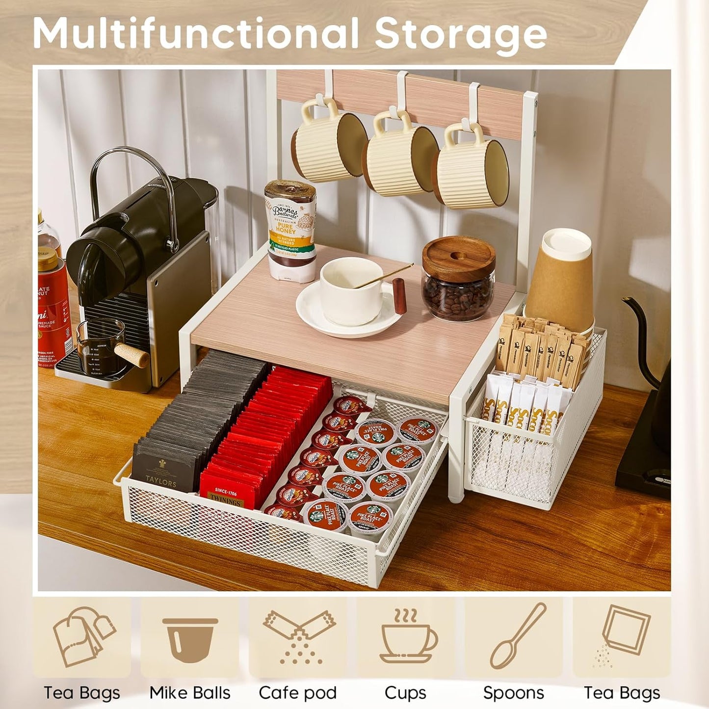 Tea Bag Organizer, Wood Tea Organizer and Storage Cheast, Tea Bag Holder with Storage Drawer, 4 Hooks for Tea Cups Holder, Tea Station Chest Display Container Box for Countertop Kitchen (White)