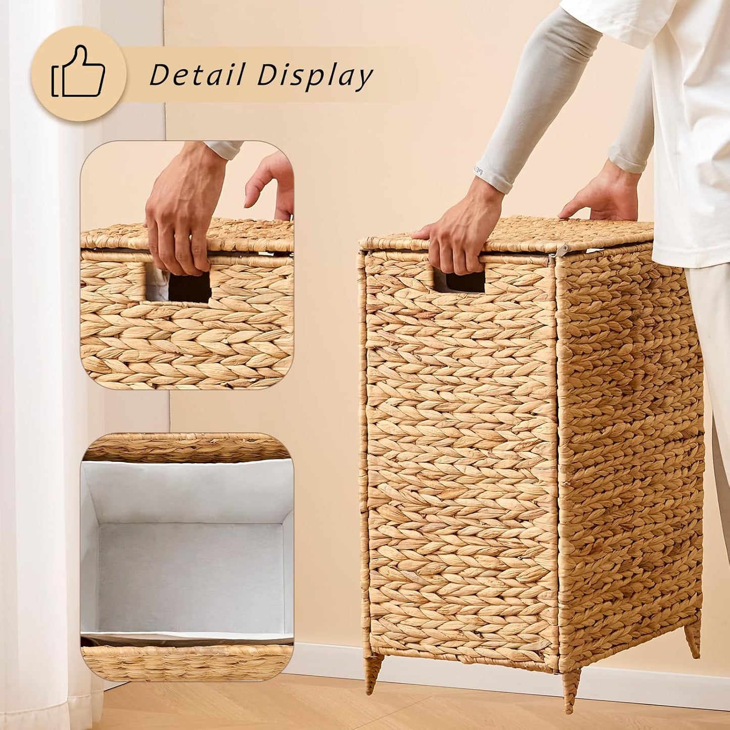 Large Laundry Hamper with Lid, Handwoven Hyacinth Rattan Clothes Hamper with Removable Liner Bag, Heightened Feet Wicker Laundry Basket for Bathroom, Bedroom, Living Room and Laundry