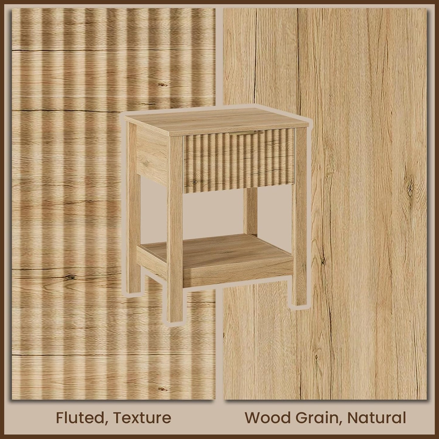 Fluted Night Stand with Golden Handle,Set of 2 Mid-Century Nightstands with Drawer, Bedside Table with Storage Shelf,Large End Tables for Livingroom,Bed Side Tables for Bedroom, Natrual Oak