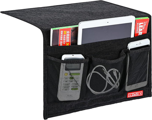 Linen 4 Pockets Bedside Caddy, Bedside Storage Organizer for Magazine, Remotes, Phone (Classic Black)