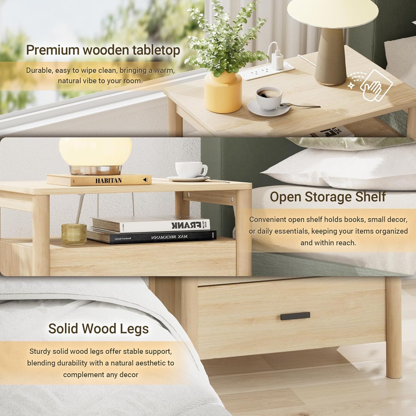 Night Stand Set of 2 with Charging Station, 24" Large Modern Side Table with Solid Round Post Legs, 2 Drawers End Table with Open Shelf, Nightstand for Bedroom, Natural Oak