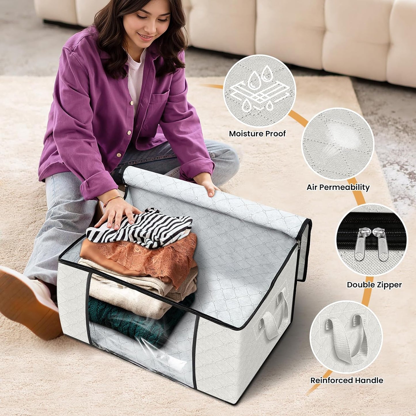 Fab totes 8 Pack Clothes Storage, Foldable Thick Fabric Blanket Storage Bags, Containers for Organizing Bedroom, Closet, Clothing, Comforter, Organization with Handle,Ivory White
