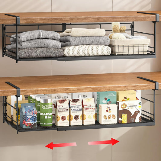 Expandable Under Cabinet Shelf, Extendable Under Shelf Storage with Removable Wire-Like Back for Pantry Cabinet, Laundry Room, Shoe Rack. (Black, 2 Pack, Interior: 5" H x 10" D)