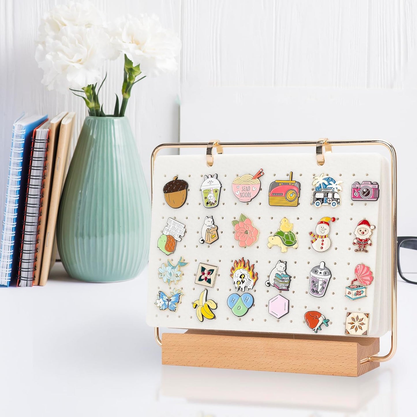 PACMAXI Display Organizers, Brooch Holder, Enamel Pin Pages for Store 180+ Pins, Collection Storage Calendar Wooden Stand With 6 Pages (Not Include Any Accessories) (White)