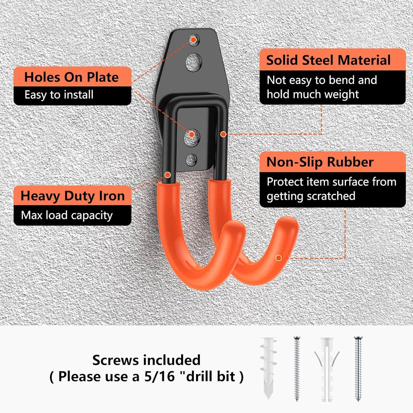 Garage Hooks with Anti-Slip Coating,Heavy Duty Wall Mount Storage Hooks for Hanging Bike,Hose,Ladder,Yard,Garden Tools (8 Pack Orange 4.7x2.6 inch)