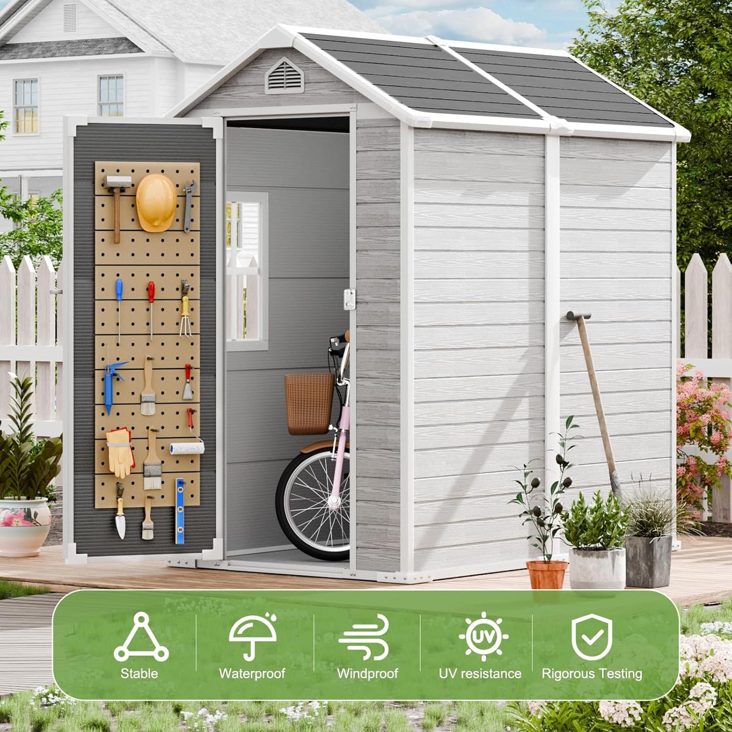 6x4 FT Outdoor Storage Shed, Waterproof Resin Shed with Floor & Lockable Door & Window & Vents, Plastic Tool Shed for Backyard, Patio, Poolside, All Weather Use,Dove Grey
