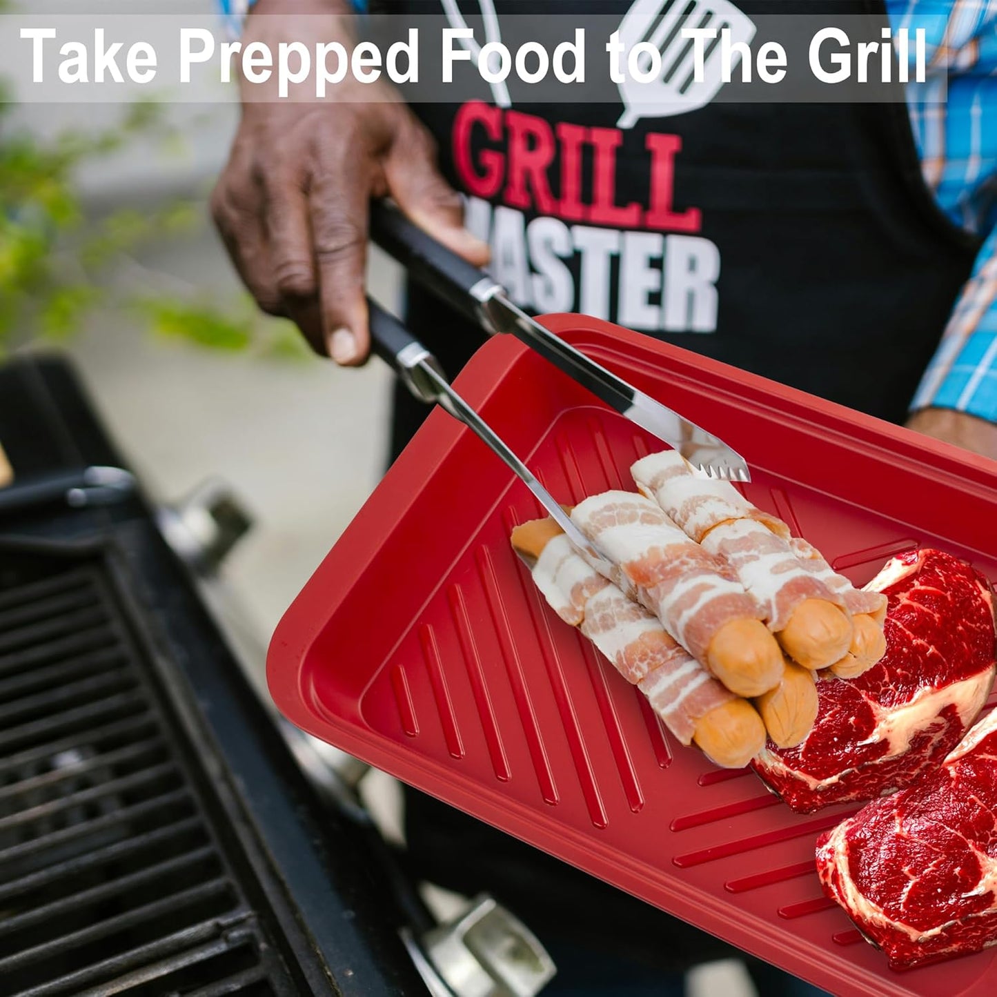 KAQAHIDO Grilling Bamboo Prep and Serve Trays, BBQ Platter for Raw Meat Marinating and Finished Cooked Food, Melamine Serving Tray, Set of 2, Cleaning Pack Included