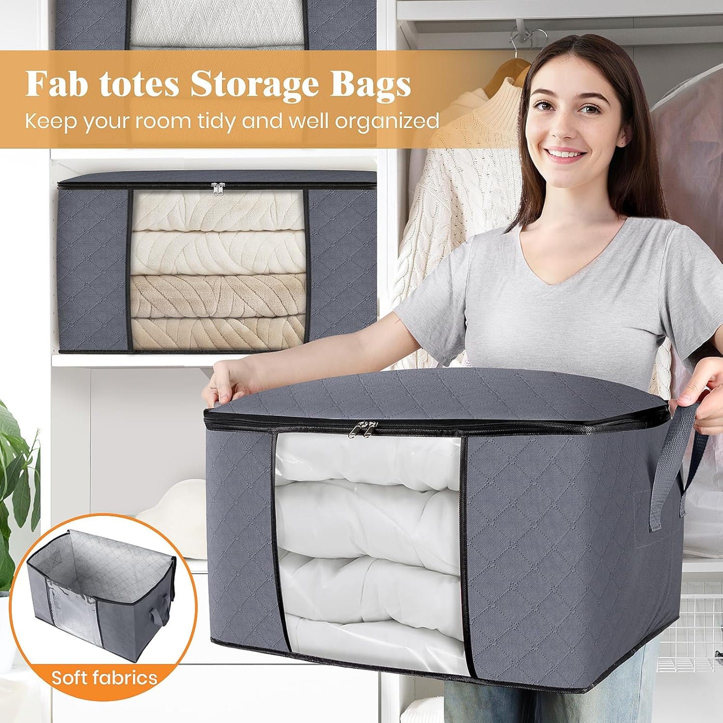 Fab totes Storage Bags,Clothes Blanket Storage Bins Foldable Closet Organizers with Reinforced Handle for Home Dorm Storage and Organization,Fabric Bags for Organizing Sheets,Clothing (Grey,8 Pack)