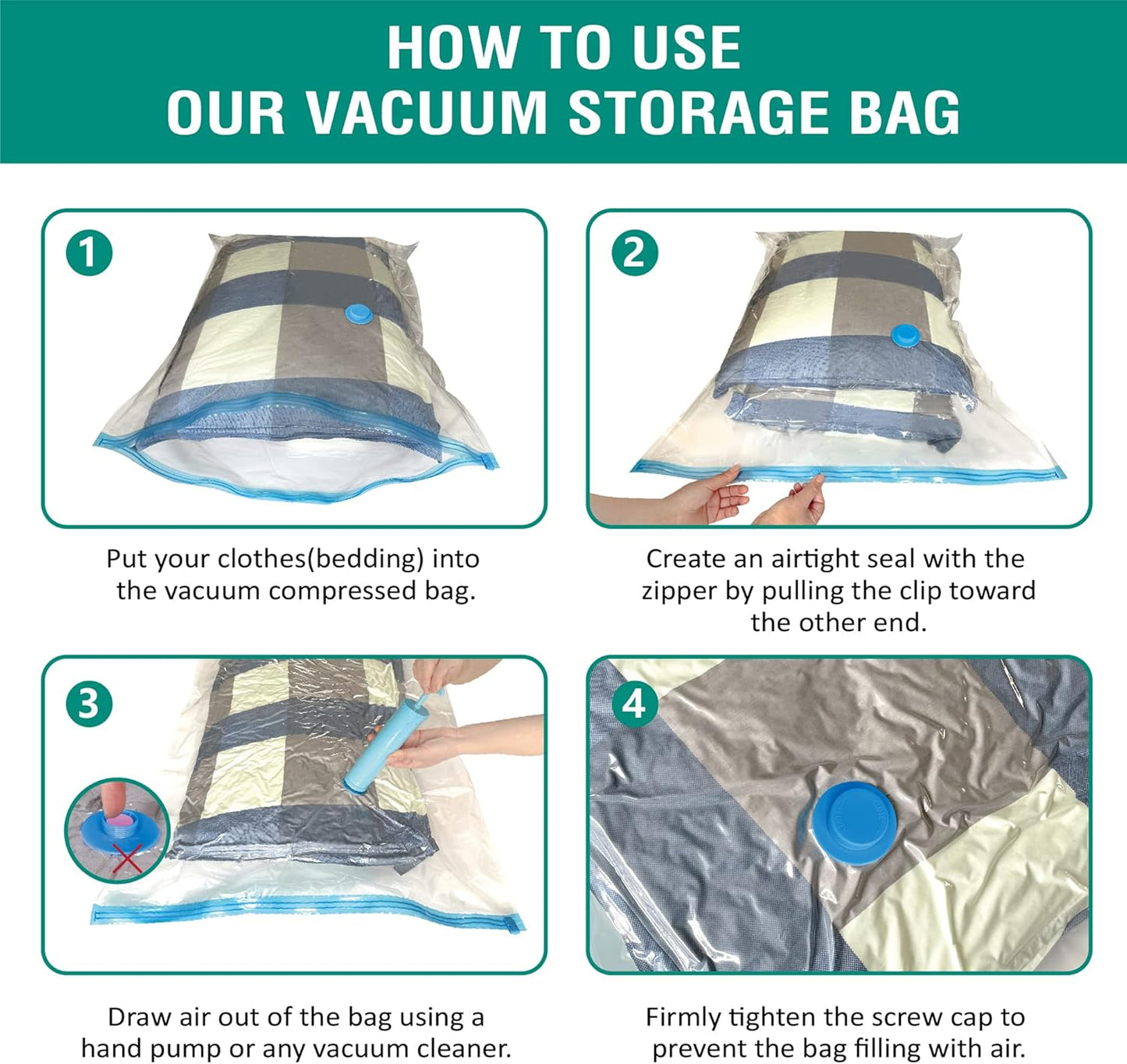6 Jumbo Vacuum Storage Bags, Space Saver Bags Compression Storage Bags for Comforters and Blankets, Vacuum Sealer Bags for Clothes Storage, Hand Pump Included