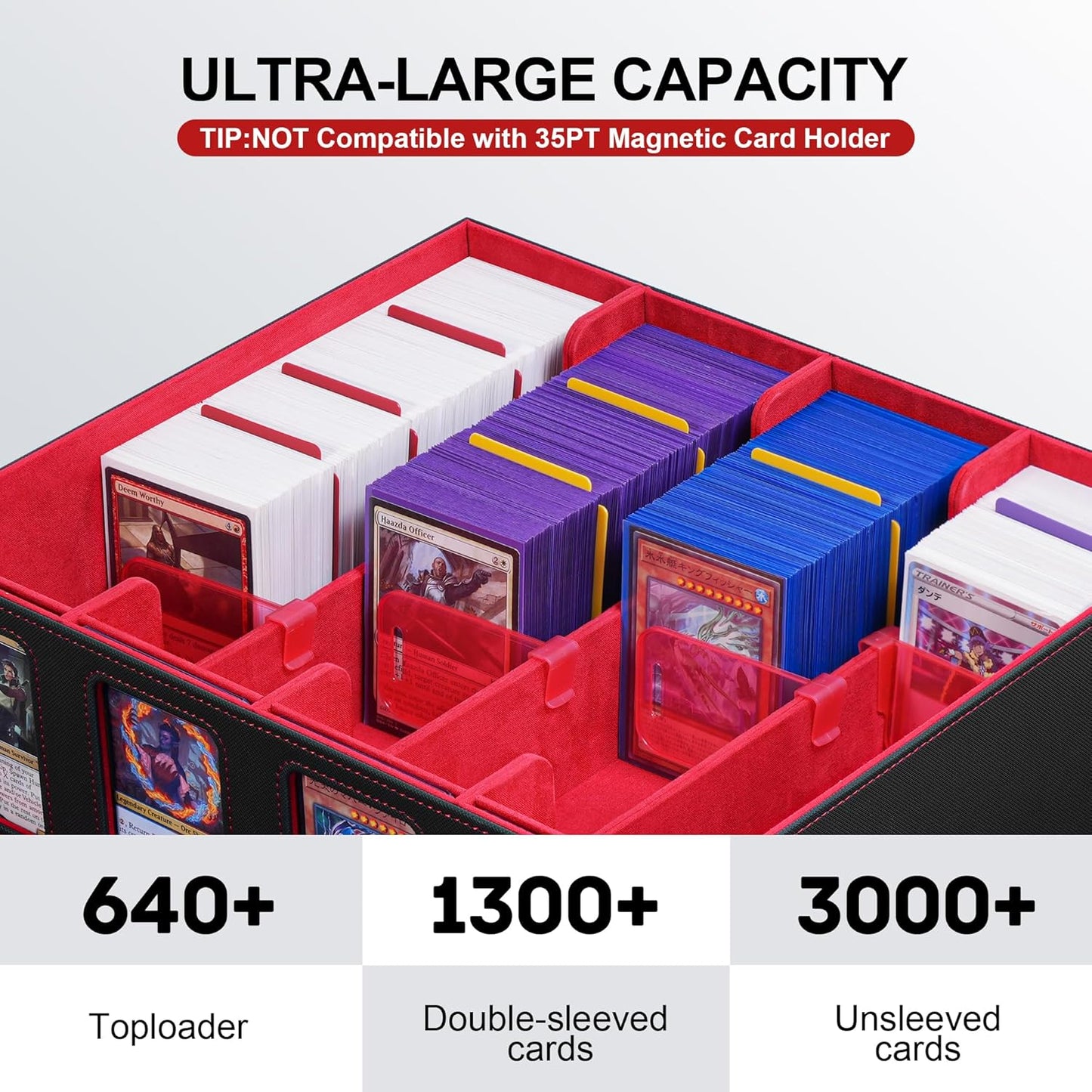 Marsguard Trading Card Storage Box with Portable Handle, 3000+ MTG Storage Box with 4 Card Stoppers Commander Display Deck Box Card Case Top Loaders MTG TCG Sports Cards Commander Deck Box(Black&Red)