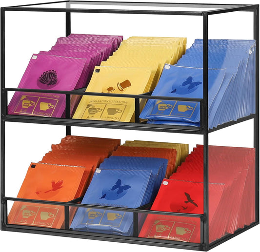 Glass Tea Bag Organizer for Counter, 2-Tier Teabag Organizer Storage Holder for Tea Bags, Glass Caddy Box Containers, Rack Teabag Station Stand for Cabinet Kitchen, 2-Tier, Black