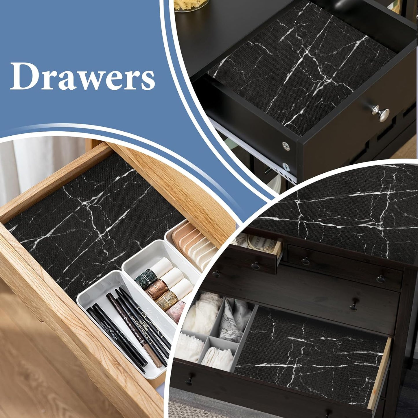 Drawer and Shelf Liner for Kitchen Cabinet: 23 in X 20 Ft Non Slip Waterproof Shelf Paper Non Adhesive Refrigerator Liners Black Marble Easy Liners for Bathroom with Knife Tape Measure
