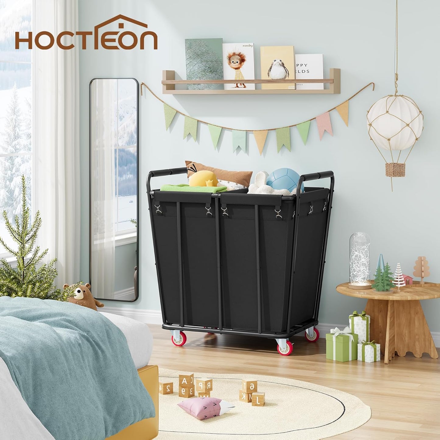 Hoctieon 2 Section Laundry Sorter Cart, 400L Rolling Hamper with Wheels, Industrial Laundry Basket Organizer, Extra Large Dirty Clothes Hamper for Home & Hotel, Heavy Duty, Black