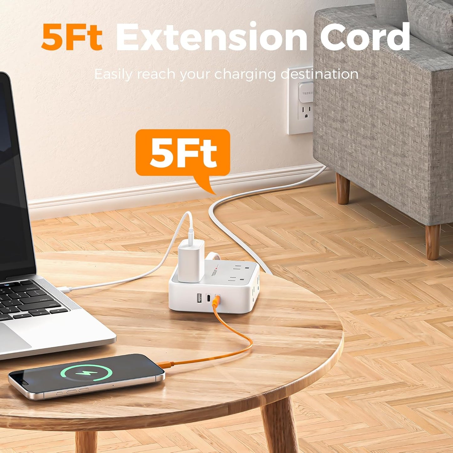 Surge Protector Power Strip, TESSAN Flat Plug Extension Cord with Multiple Outlets, 8 AC Outlets, 3 USB Ports(2 USB C), 5 Ft, 900 Joules Protection, 3-Sided Charging Station for Home Office Dorm Room