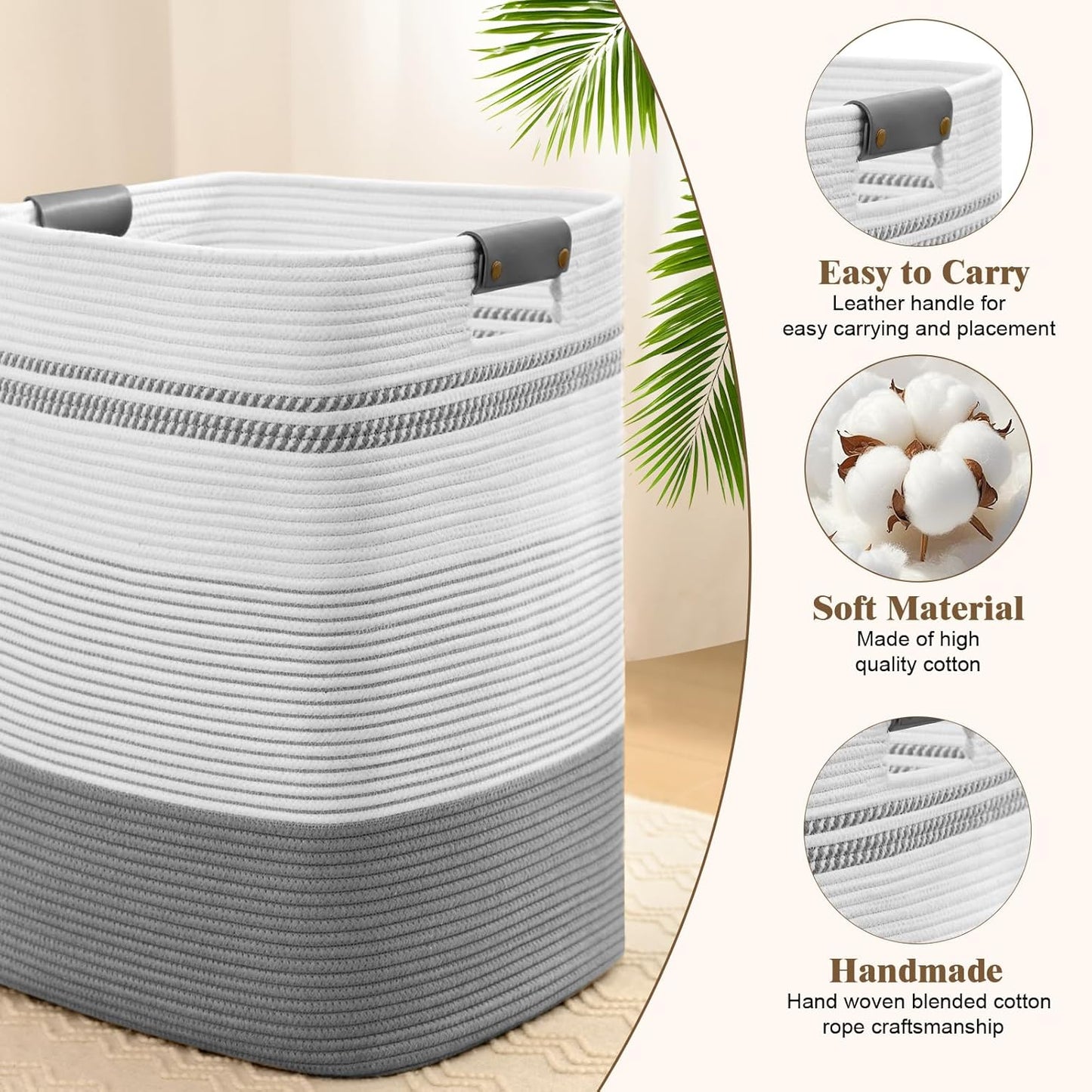 Laundry Hamper, 95L Tall Laundry Basket with Leather Handles, Rectangle Large Clothes Hamper for Organizing, Cotton Woven Laundry Baskets Storage Hampers for Bedroom, Nursery, Living Room