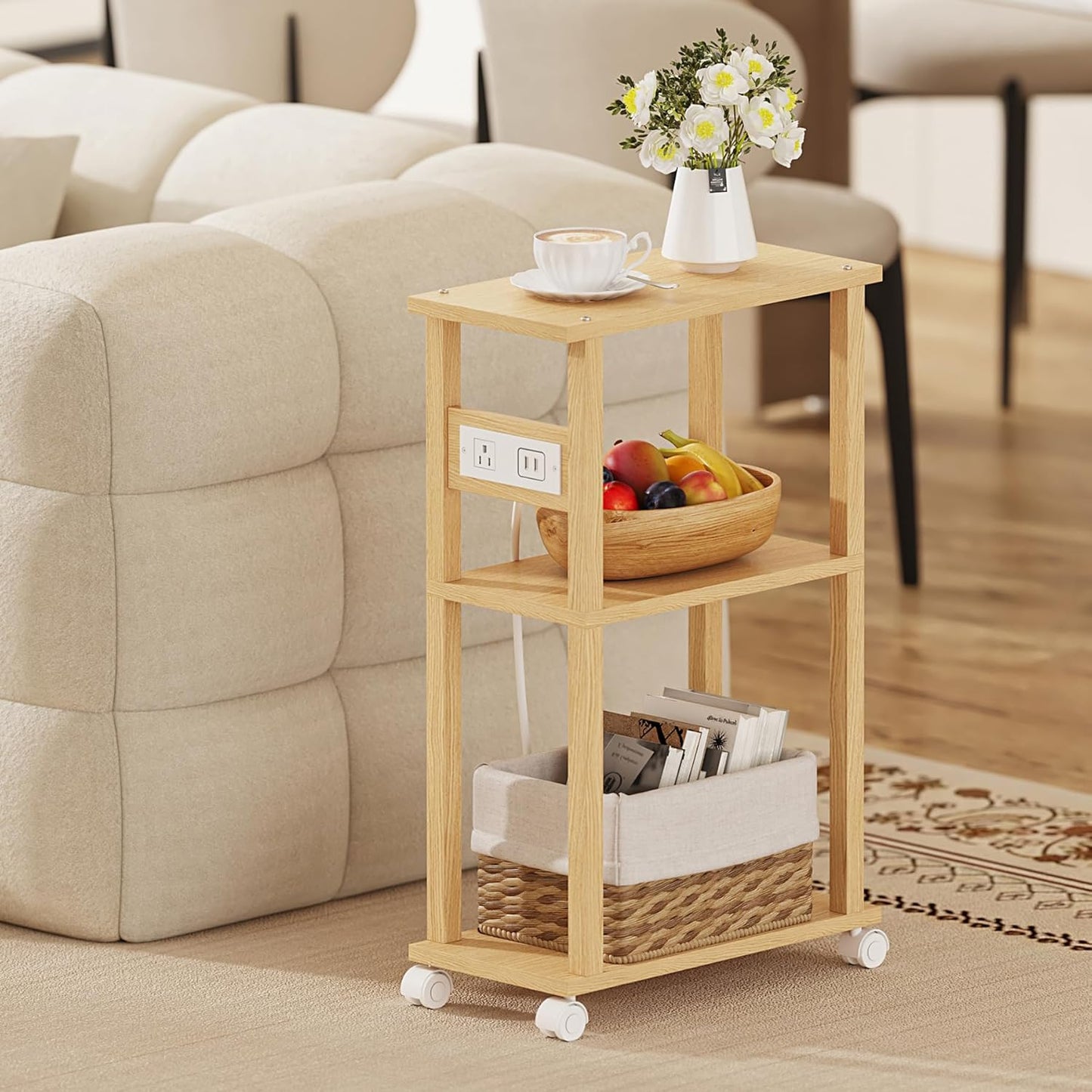 TUTOTAK Small Narrow Side Table with Charging Station, Skinny End Table for Small Spaces, Slim Nightstand with USB Ports and Outlet, Sofa Beside Table with Wheels, Natural TB01BN046