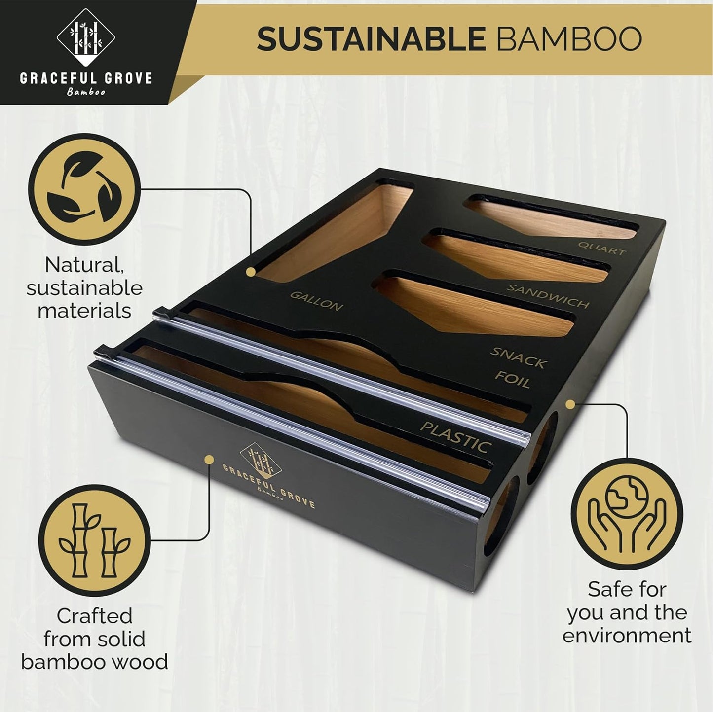 6-in-1 Bamboo Food Storage Bag Organizer for Drawer – Holds Gallon, Quart, Sandwich, Snack Bags & 12" Foil or Plastic Rolls - Plastic Bag Organizer with Wrap Dispenser & Built-In Cutter, Black