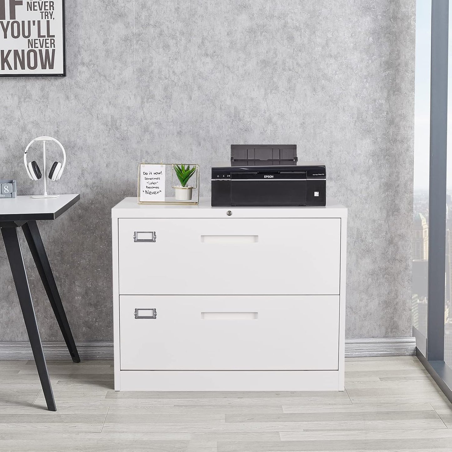 2 Drawer File Cabinet, Lateral Filing Cabinets for Home Office, Office Storage Drawers with Lock, Hanging Files Legal/Letter A4 Size (Assemble Required,White)