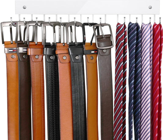 Belt Hanger Wall Mounted, Wooden Belt Organizer Max 12 Storage Capacity, 180° Rotating Space Saving Hangers for Ties, Tank Tops, Scarves, Bras, Keys, Bags White 1 Pack