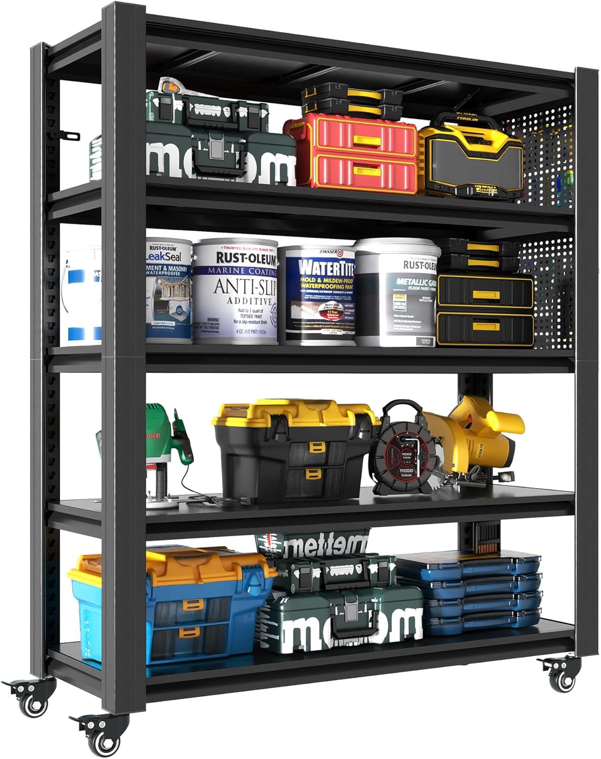 72" H 5 Tier Adjustable Shelving Unit with Pegboard & Wheels - Heavy Duty Metal Storage Rack for Garage, Warehouse, Office - 2000LB Capacity, Tool-Free Assembly (23.6" D x 47.2" W)