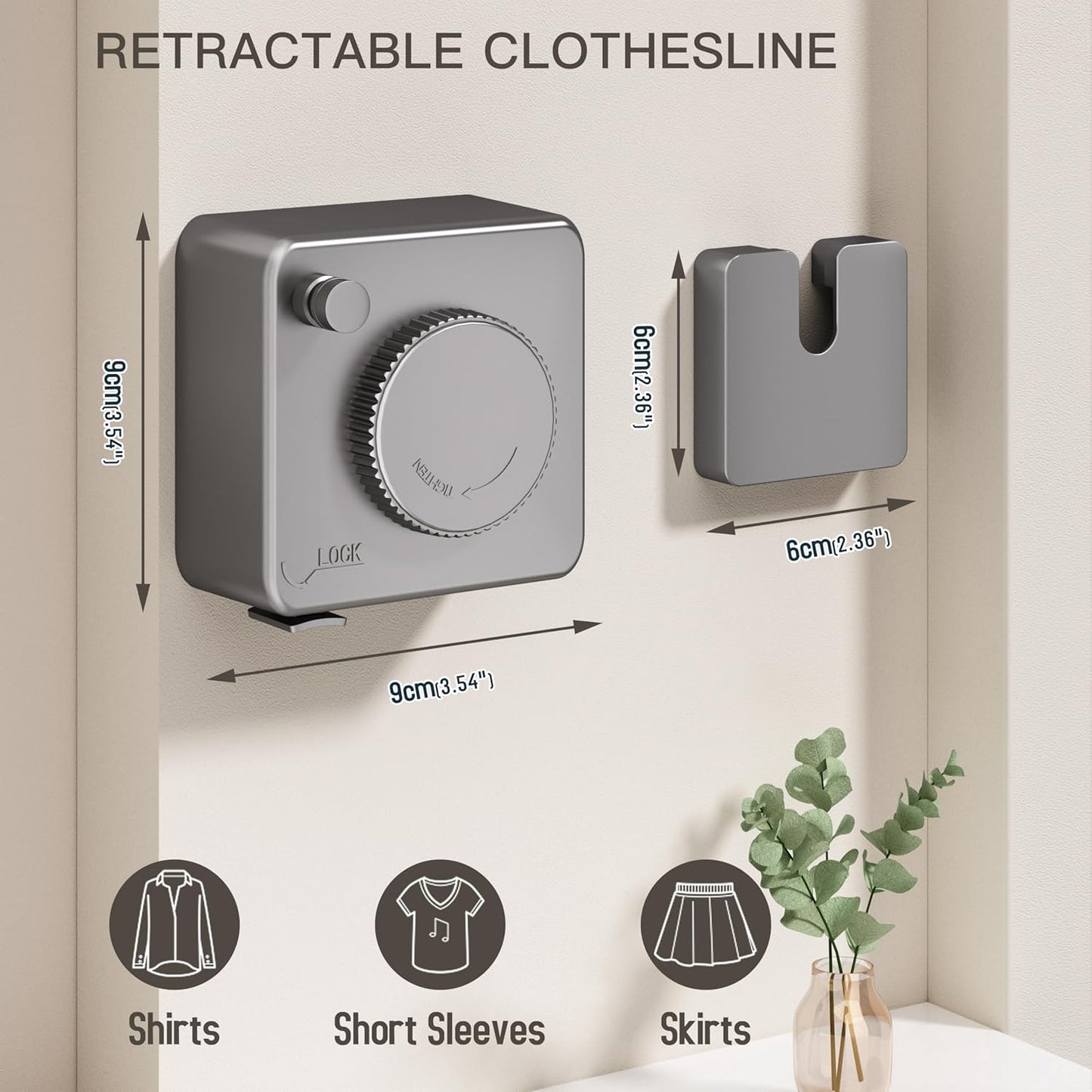 Retractable Clothesline Indoor Outdoor, Clothes Line Retracting Indoor, Retractable Clothes Line Wall Mounted Drying Rack Clothing Line, Laundry Line with Stainless Steel Line-15.1 Feets(Grey)