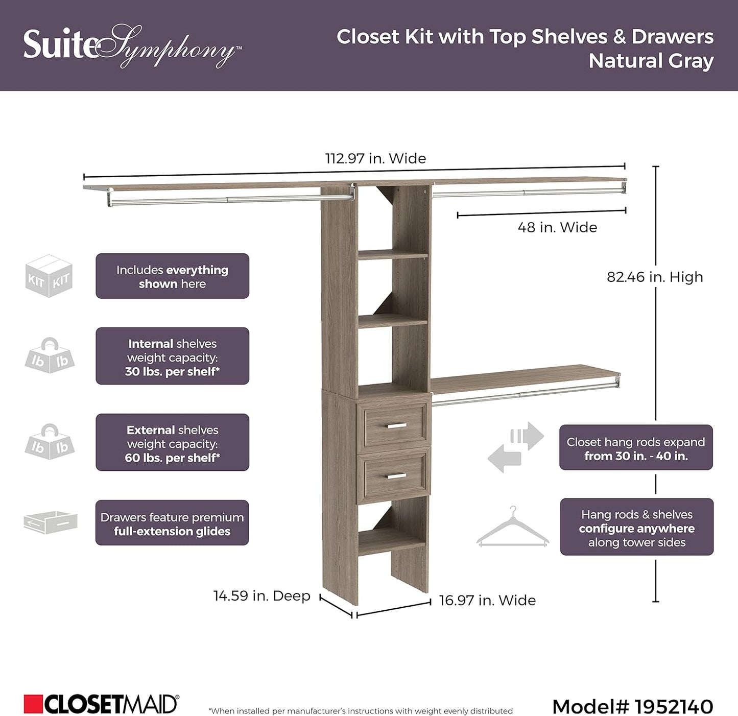 ClosetMaid SuiteSymphony Closet Organizer with Shelves and 2 Drawers, 16-Inch-Natural Gray