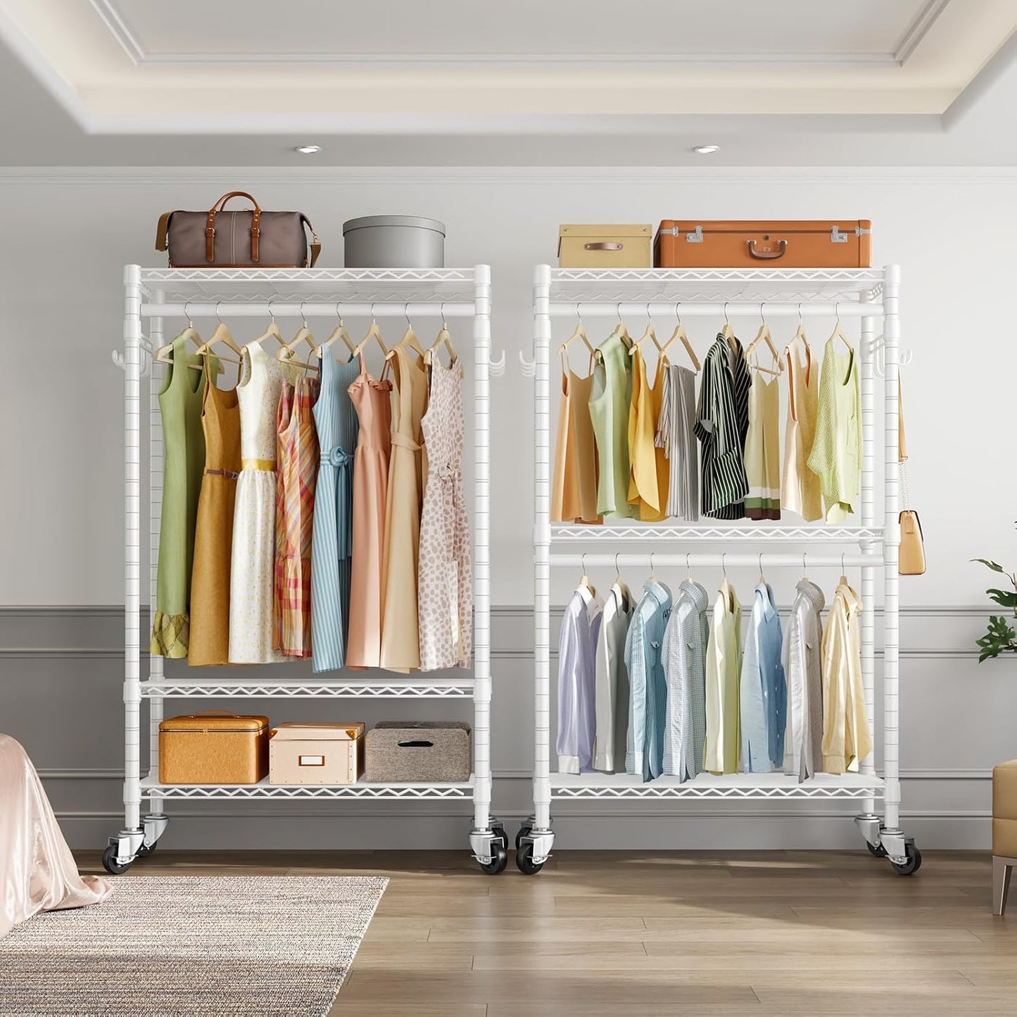 VIPEK R2 Heavy Duty Rolling Garment Rack 3 Tiers Adjustable Clothes Racks with Double Rods & Hooks, Freestanding Wardrobe Closet Storage Rack Metal Clothing Racks for Hanging Clothes, White