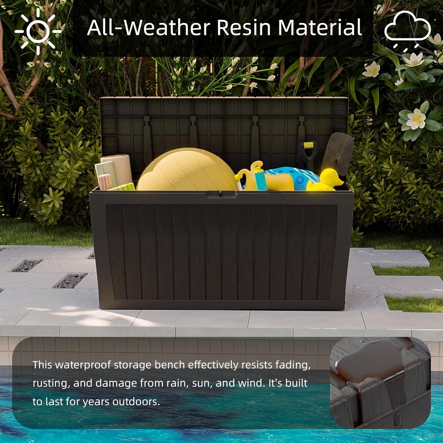 120 Gallon Resin Deck Box，Outdoor Storage Box, Waterproof Lockable Large Storage Bench for Patio Furniture, Pool Accessories & Garden Tools, Brown