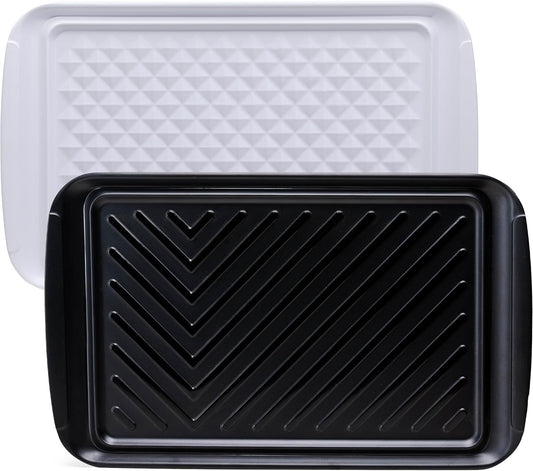 Grilling Prep and Serve Trays, BBQ Tray for Raw and Cooked Food, Melamine Marinating Serving Platter and Grill Tray for Outdoor, Parties and BBQ, Food Trays, Set of 2, Black and White