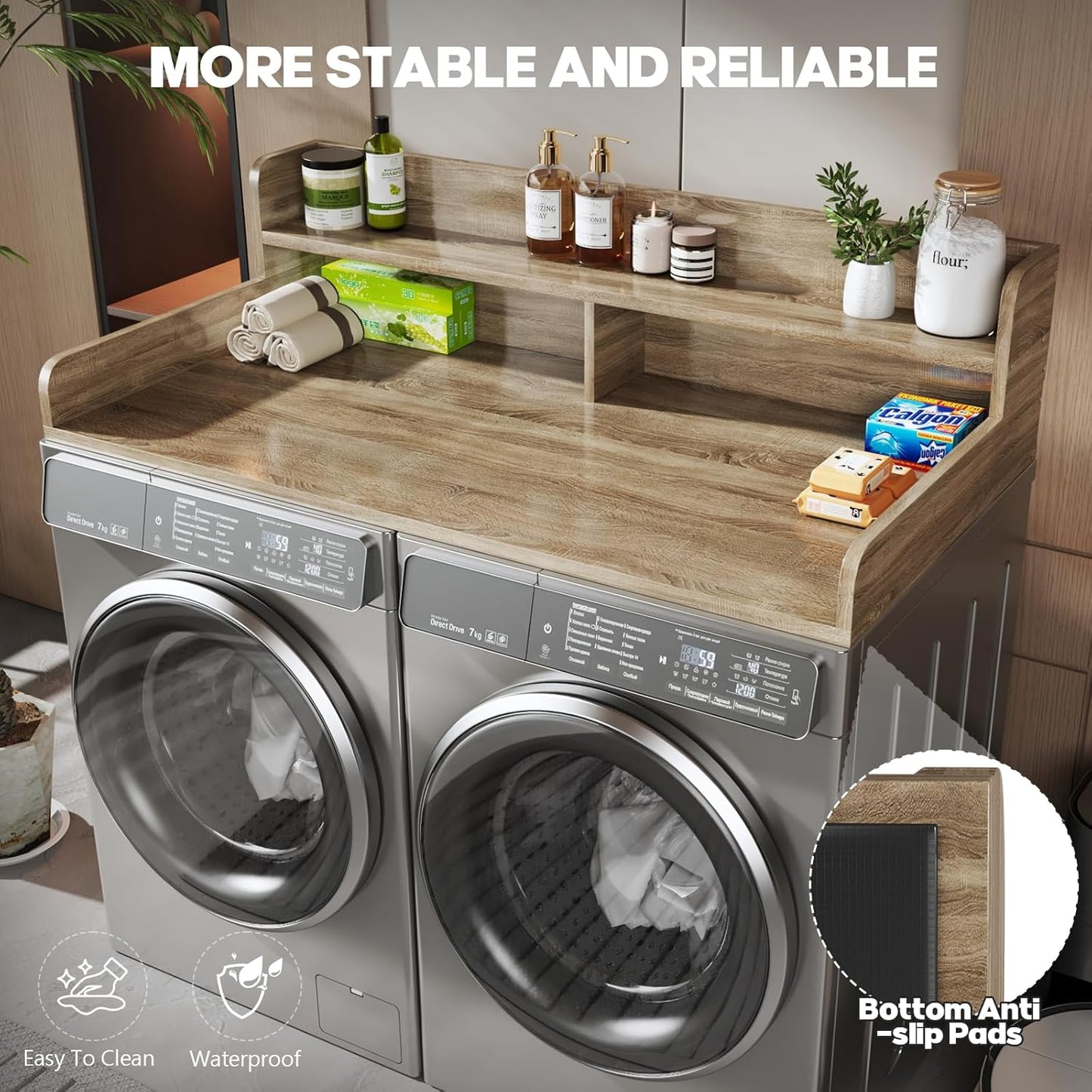 2-Tier Washer and Dryer Countertop with 2.75" H Guard,54" W x 27.5" D Laundry Countertop Cover with Non-Slip Pad,Large Space Laundry Topper for Folding Clothes Over Washer and Dryer-White Oak
