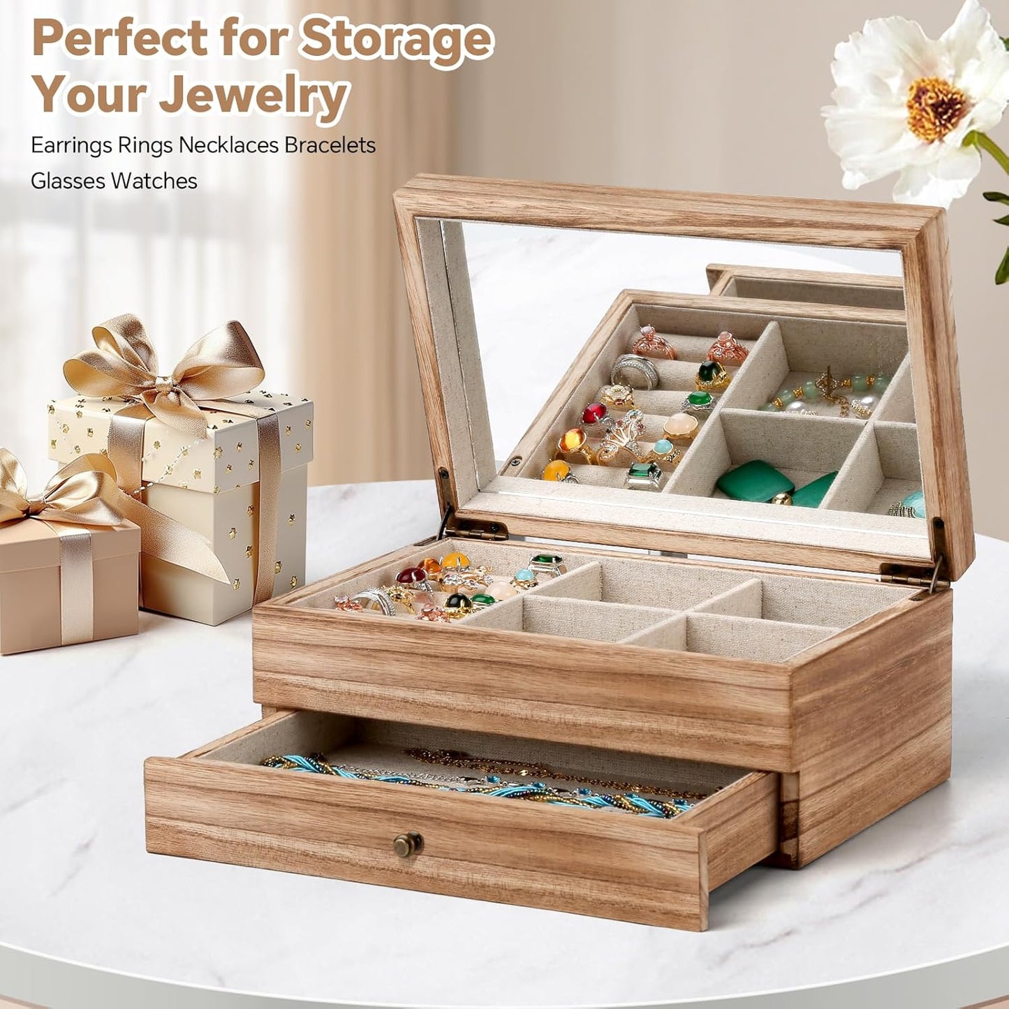 Meangood Jewelry Box Organizer for Women, 2 Layer Large Jewelry Storage Case, Rustic Wooden Jewelry Box with Mirror & Ring Tray for Necklace Earring Bracelets Rings, Vintage Style (Torched Wood)