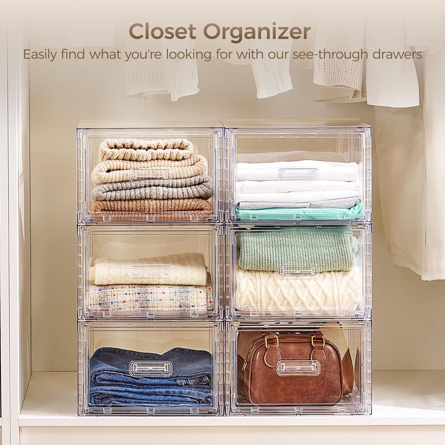 Vtopmart 4 Pack 18QT Clear Stackable Storage Drawers,Easily Assemble Closet Organizers,Plastic Storage Bins for Bathroom,Cabinet,Kitchen Pantry,Under Sink Organization(Medium)