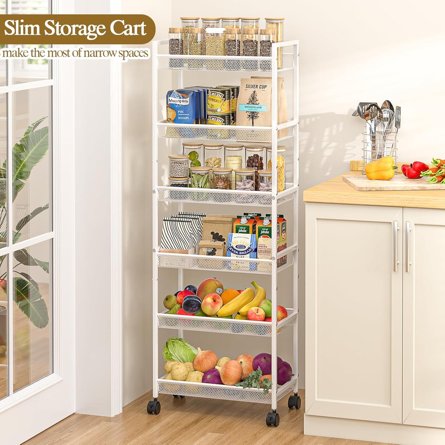 6 Tier Slim Rolling Storage Cart, Narrow Mobile Shelving Unit Organizer Utility Cart with Wheels, Metal Wire Storage Rack with Baskets for Kitchen, Bathroom, Laundry & Living Room, 10in(W) White
