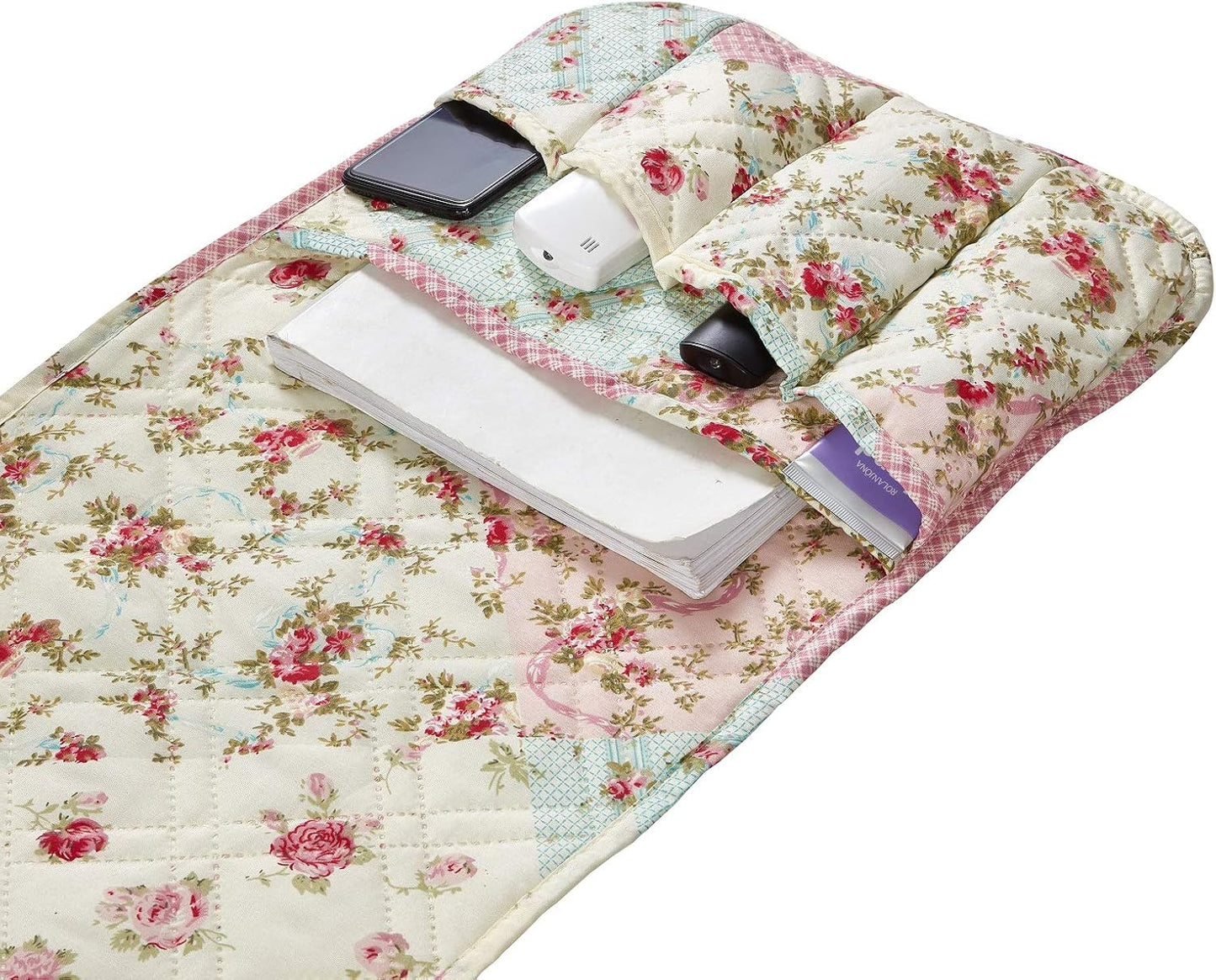 Brilliant Sunshine Pink and Green Rose Patchwork Sofa Armrest 5 Pockets Organizer, Slip Resistant Armchair Caddy, Washable Remote Controls Holder, Storage for Magazine, Tablet, 35×13", Pink Green