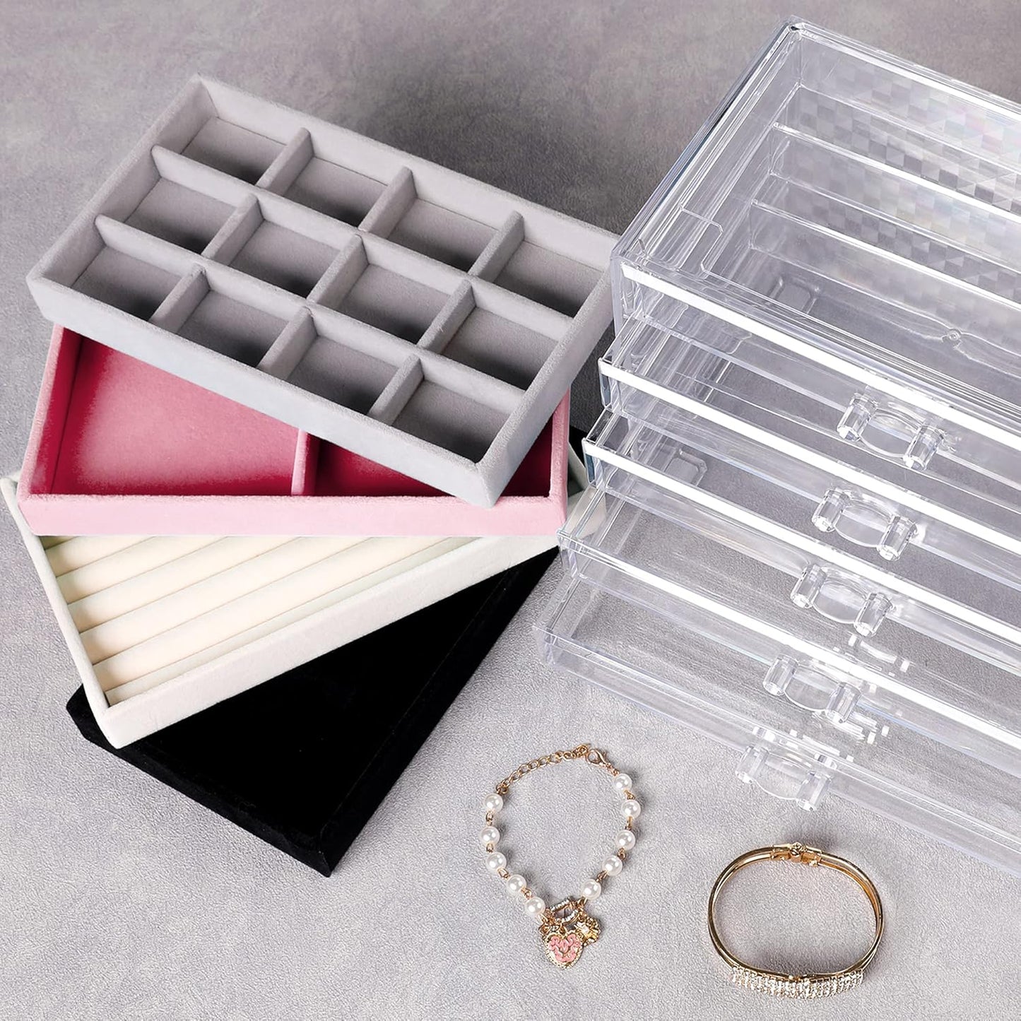 Frebeauty Extra Large Acrylic Jewelry Box for Women 5 Layers Clear Jewelry Organizer Velvet Earring Box with 5 Drawers Rings Display Case Necklaces Holder Tray for Women Girls(Pink)