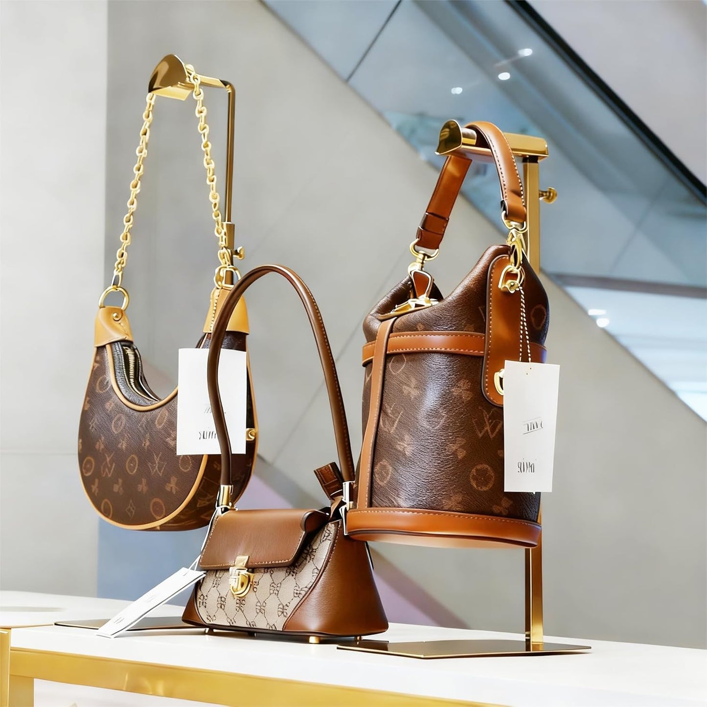 Gold Purse Display Stand, 3 Pack Heavy Duty Stainless Steel Handbag Stand, Adjustable High Bag Hanger Stand Bag Display Rack for Closet, Retail Display Stand Hanging Luxury Purses (RCS 50% Recycled Post-consumer Metal)