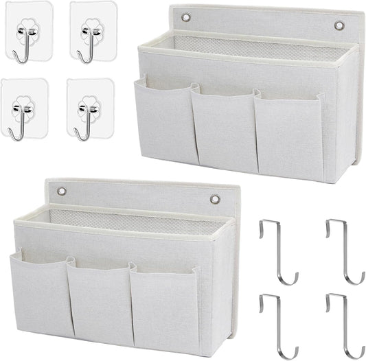2-Pack Wall Hanging Organizer Bag/Hanging Baskets with Large Mesh Compartment & 3 Pockets，Over the Door Organizer Space Saving Storage for Bedroom,RV Camper, Closet (White-2 Pack)