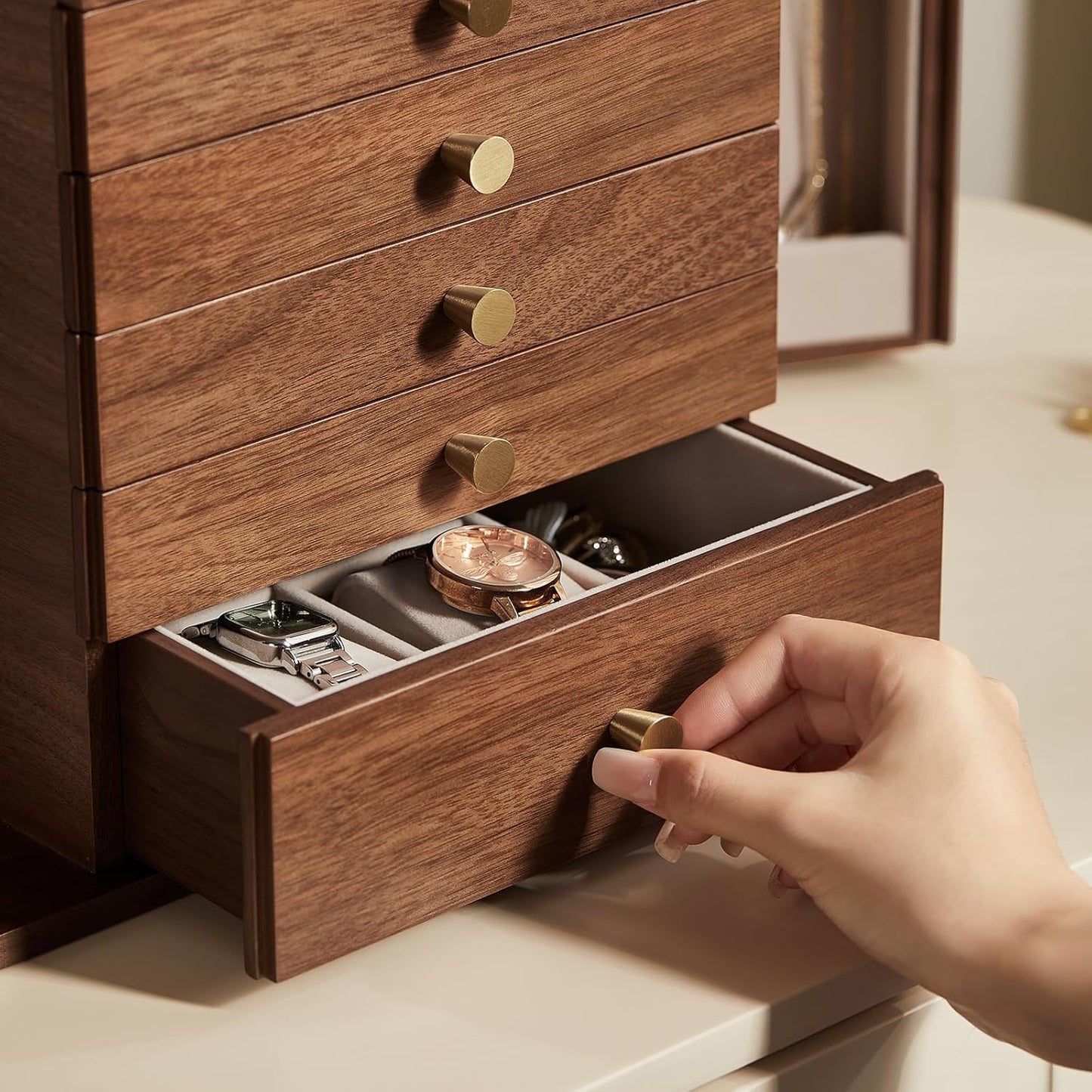 CHOSIN Black Walnut Wooden Jewelry Box, 6-Layer Lockable Wood Jewelry Organizer with Mirror, Side Doors & Brass Handle, Classical Design for Rings, Necklaces, Earrings, Watches, Christmas Gift Idea