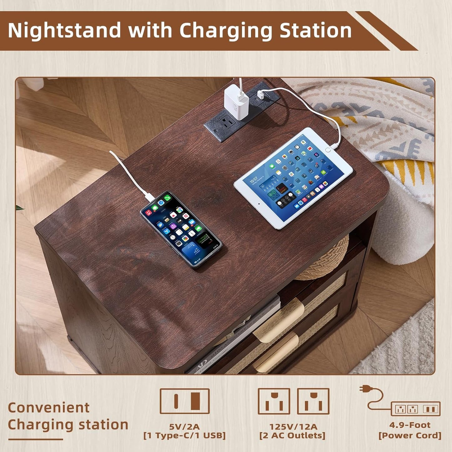 LEYAOYAO Rattan Nightstands Set of 2 with Charger Station, 23" Wide Boho Night Stand with 2 Drawers, Bedside Table Open Shlef, Bed Side End Table Dresser for Bedroom, Living Room Hallway, Walnut