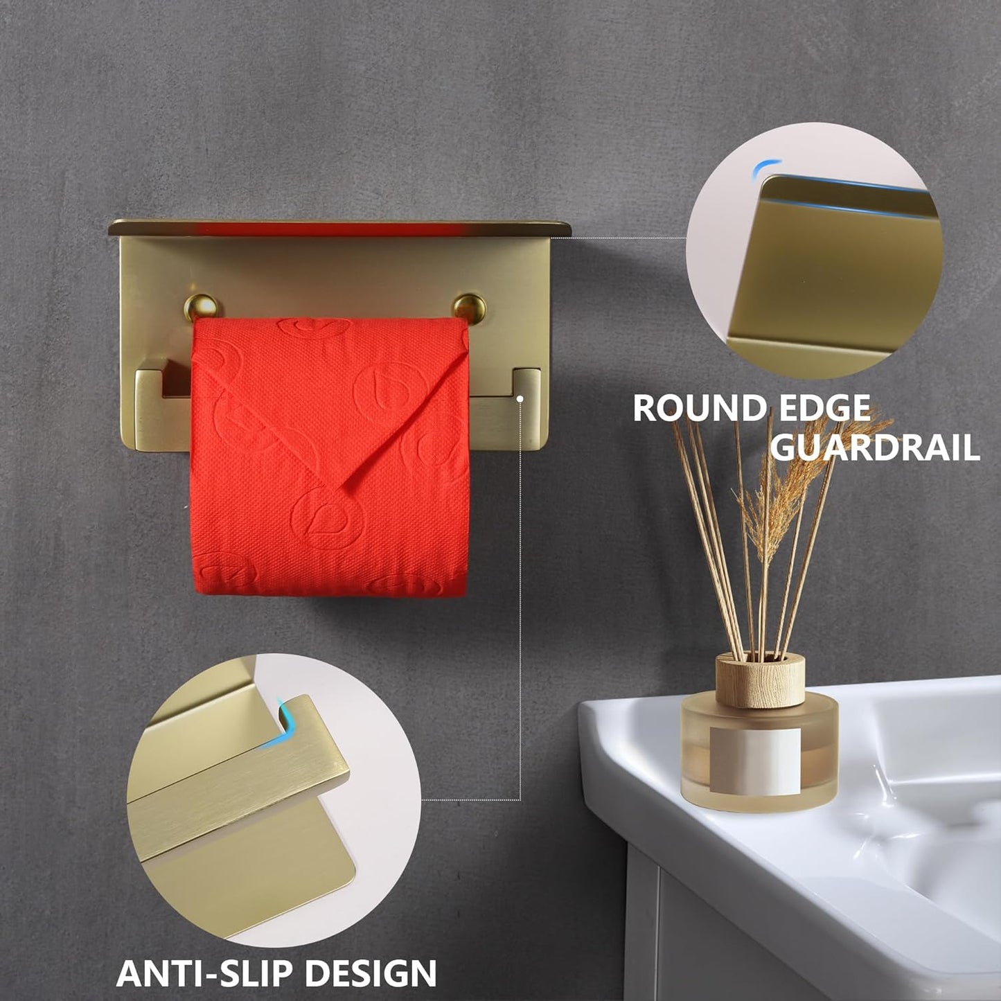 LANC Gold Toilet Paper Holder with Shelf Brushed Gold Toilet Tissue Roll Holder with Phone Shelf for Bathroom Wall Mounted and Self-Adhesive Toilet Paper Roll Holder Stainless Steel, A8367BG