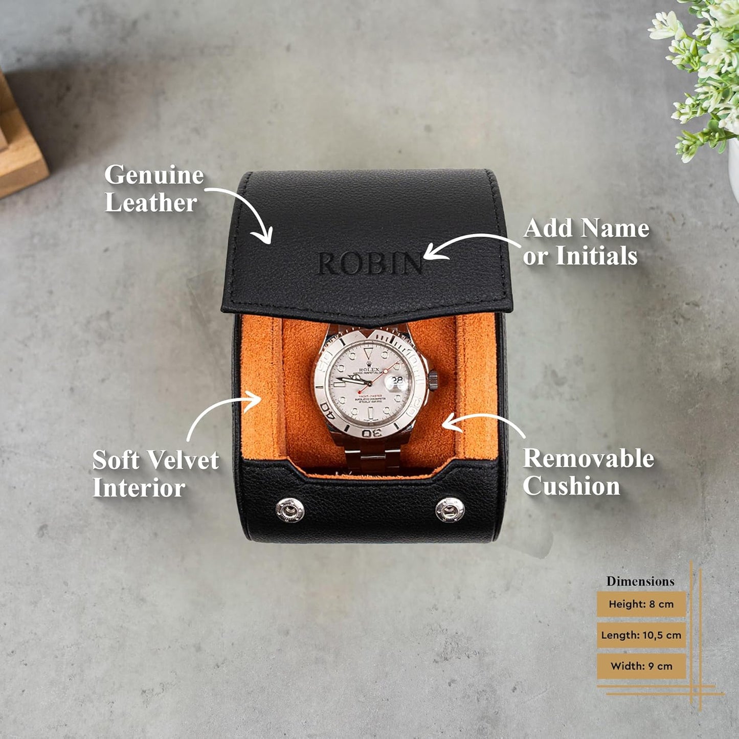 DailyWatch | Personalized Watch Roll Travel Case For 1 Watches - Handmade Genuine Leather Travel Case With Custom Engraving of Name or Initials - Black Orange